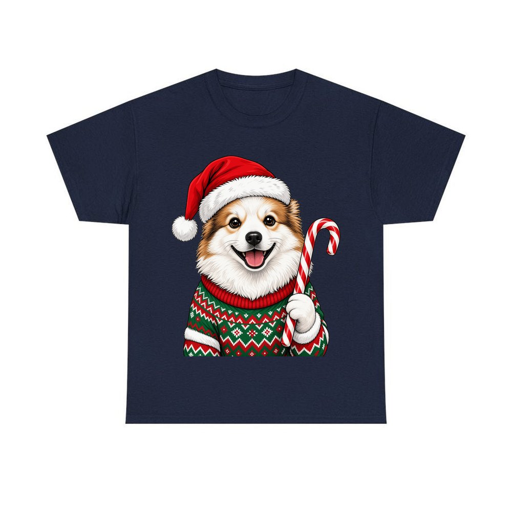 Fluffy Dog In Christmas Jumper personalised Christmas T-shirt in navy