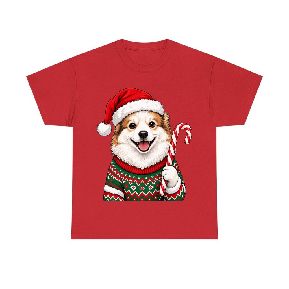Fluffy Dog In Christmas Jumper personalised Christmas T-shirt in red