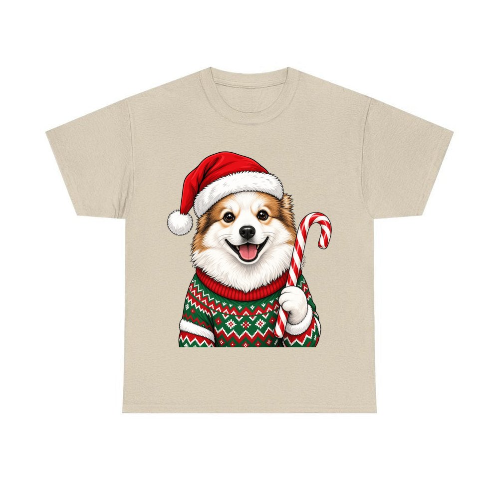 Fluffy Dog In Christmas Jumper personalised Christmas T-shirt in sand