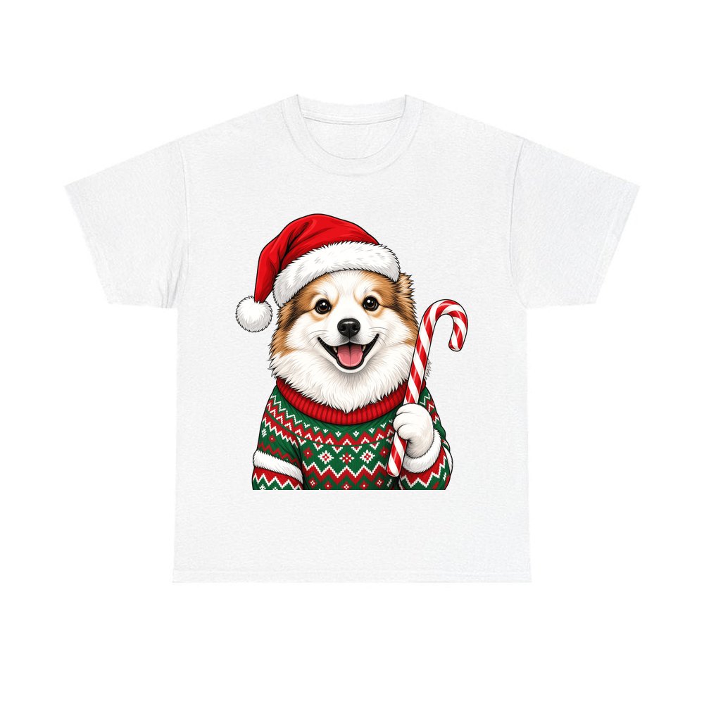 Fluffy Dog In Christmas Jumper personalised Christmas T-shirt in white