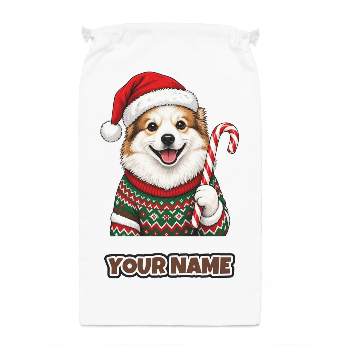 Fluffy Dog In Christmas Jumper Santa sack laid flat, showing the full print