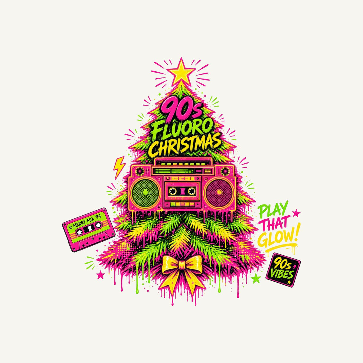 Fluoro Nineties Boombox Tree Personalised Kids and Baby Christmas Tee