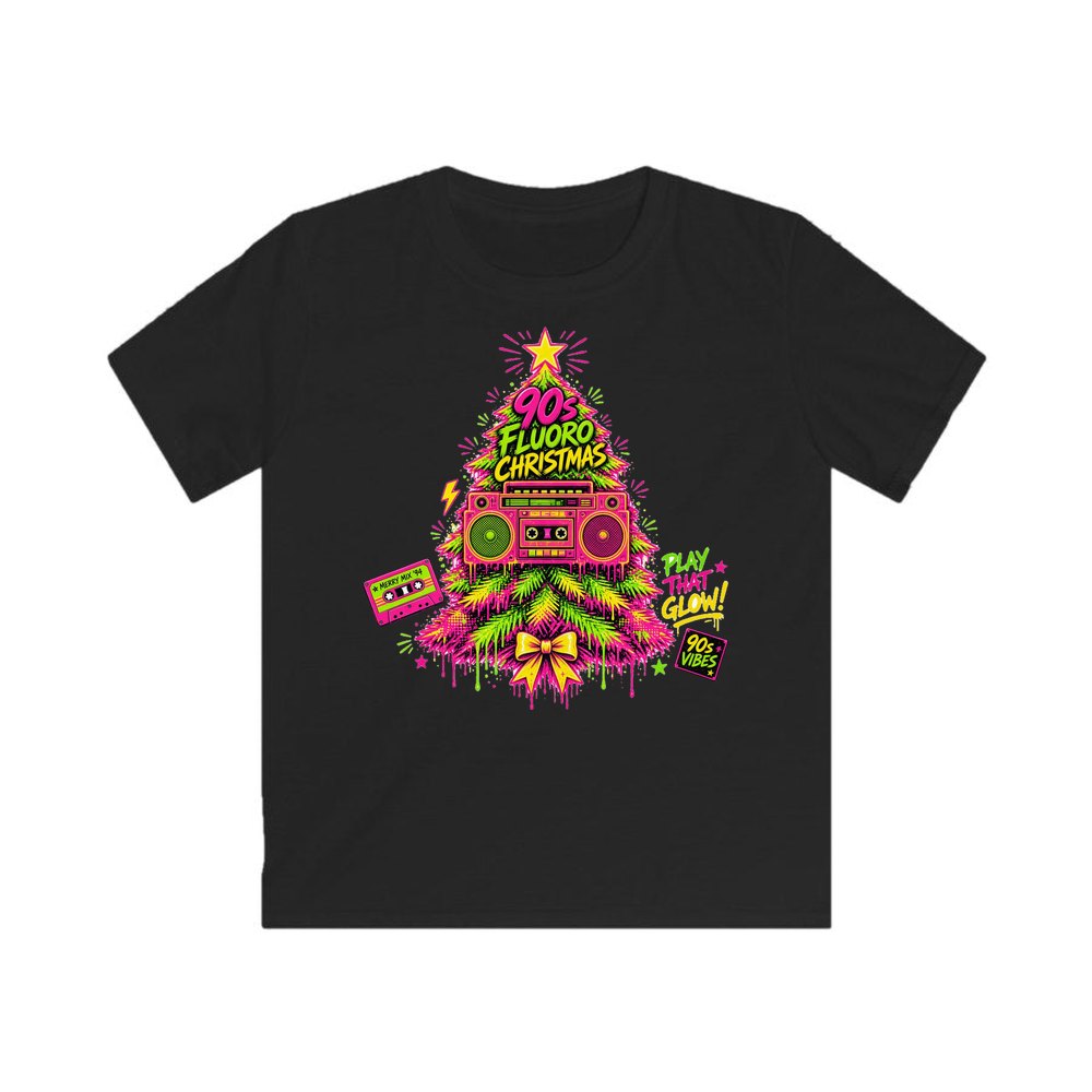 Fluoro Nineties Boombox Tree personalised kids Christmas tee in black