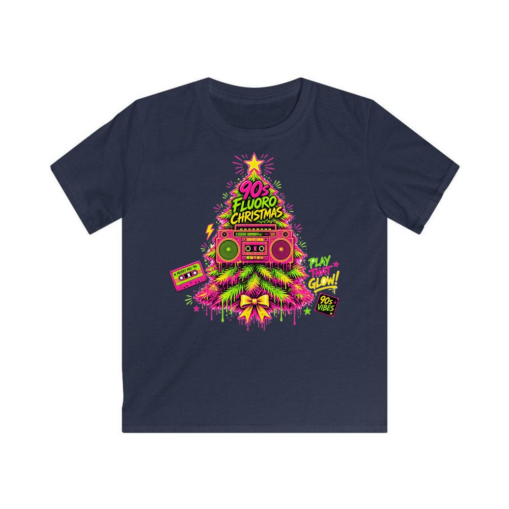 Fluoro Nineties Boombox Tree personalised kids Christmas tee in navy