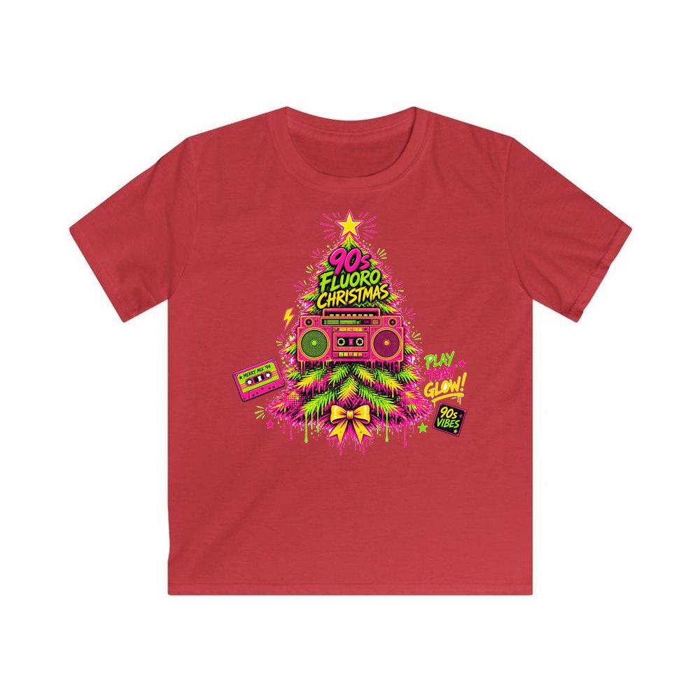 Fluoro Nineties Boombox Tree personalised kids Christmas tee in red