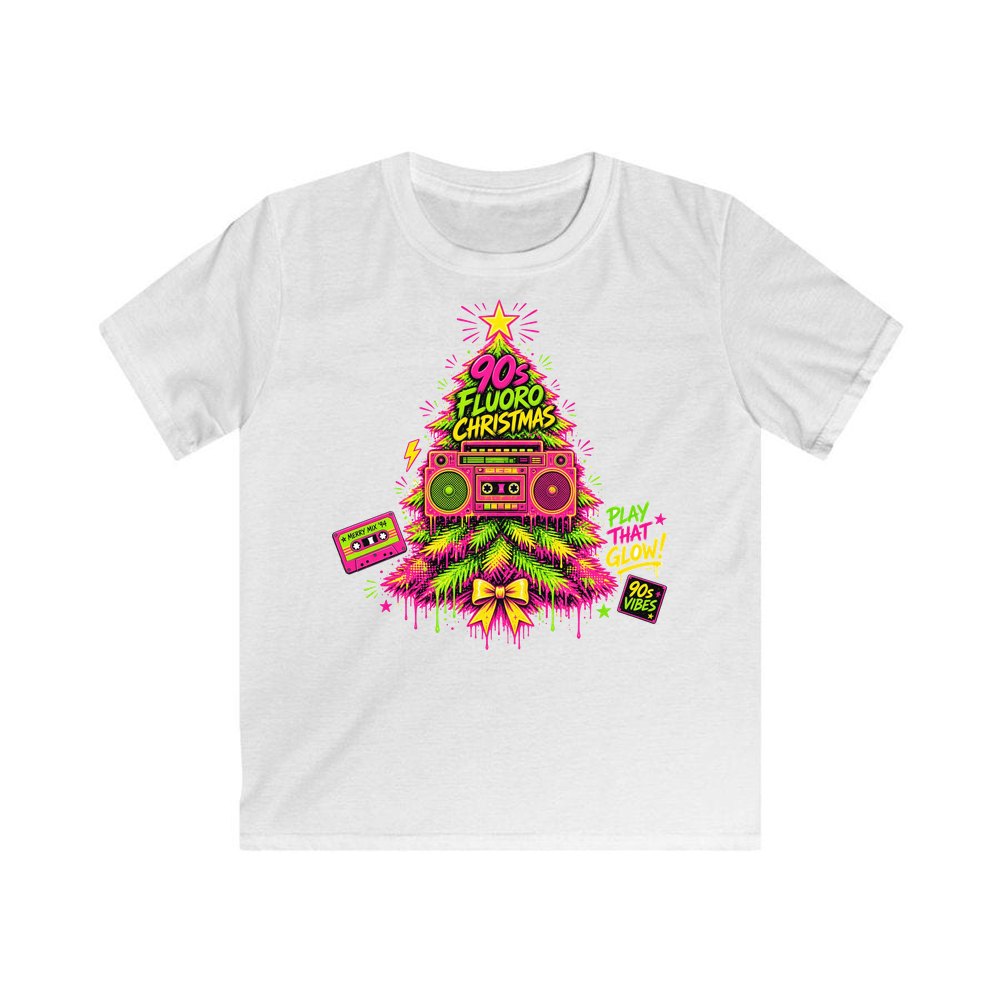 Fluoro Nineties Boombox Tree personalised kids Christmas tee in white