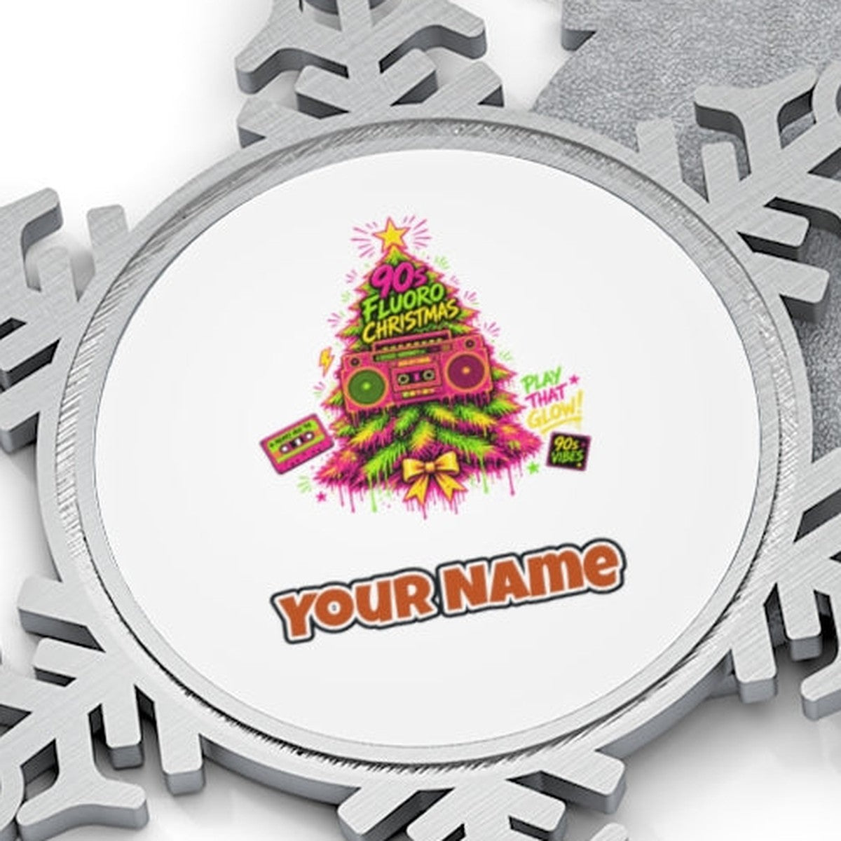 Fluoro Nineties Boombox Tree Personalised Pewter Christmas Ornament