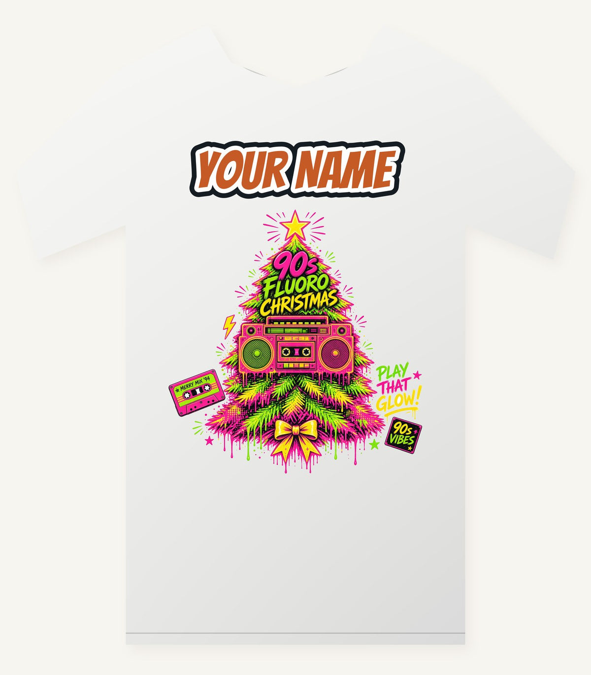 Fluoro Nineties Boombox Tree Personalised Christmas T-Shirt and Hoodie