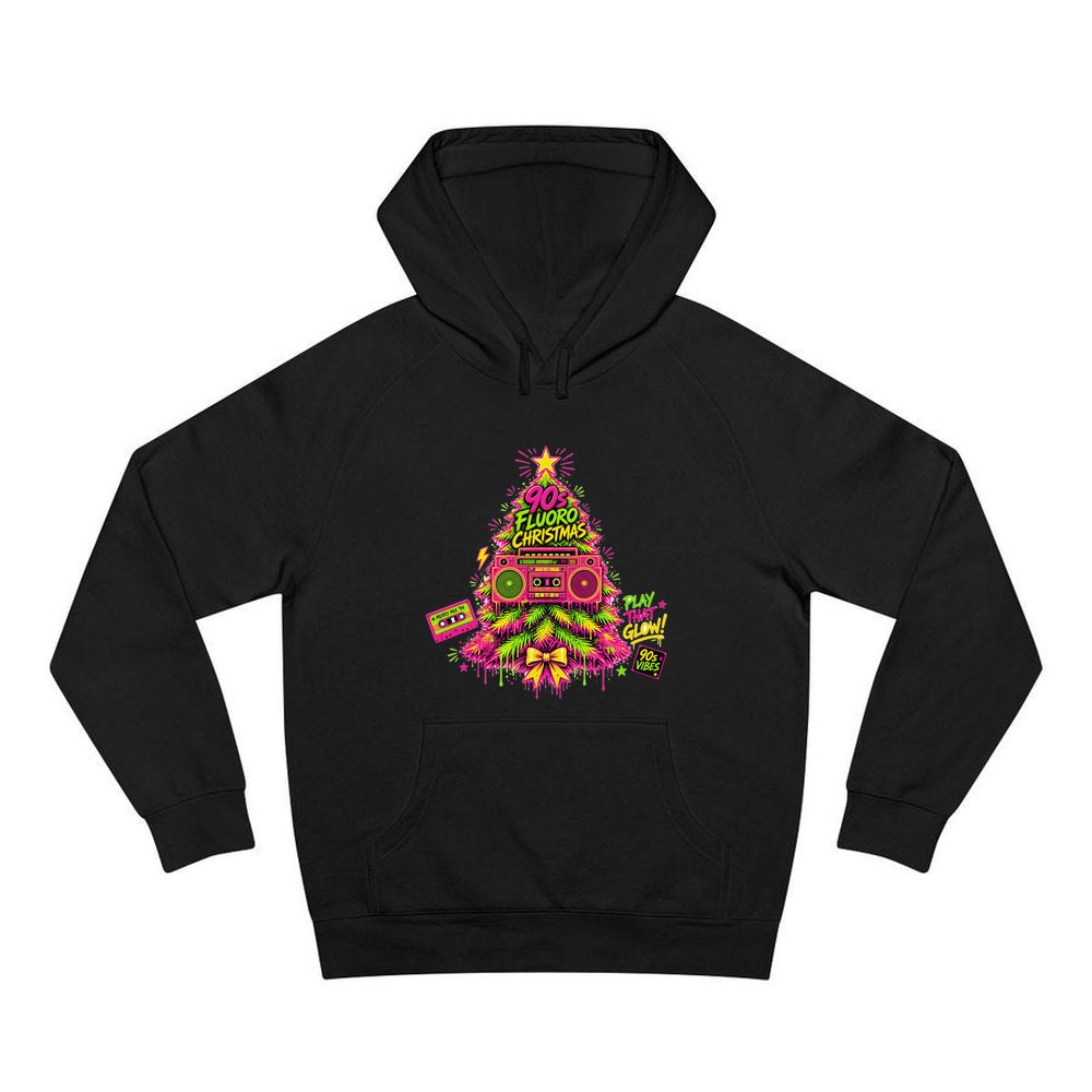 Fluoro Nineties Boombox Tree personalised Christmas hoodie in black