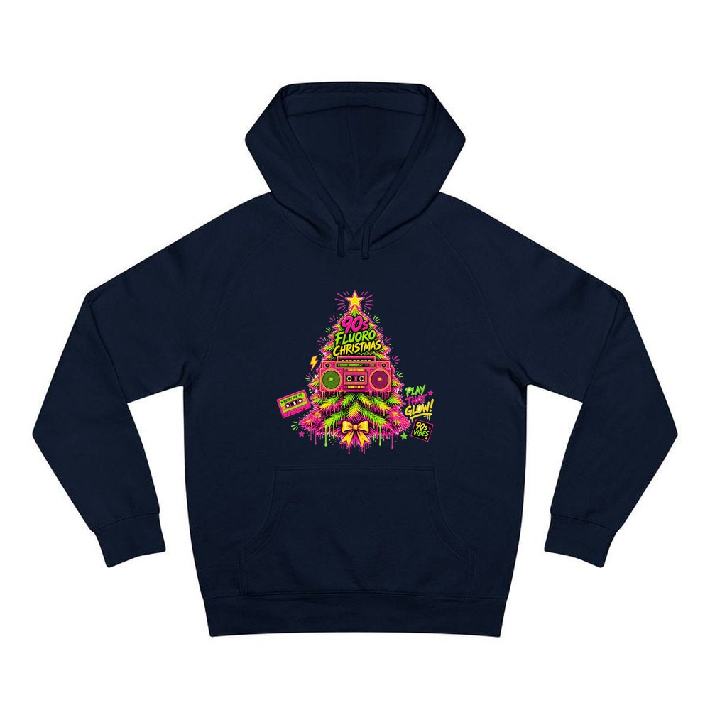 Fluoro Nineties Boombox Tree personalised Christmas hoodie in navy