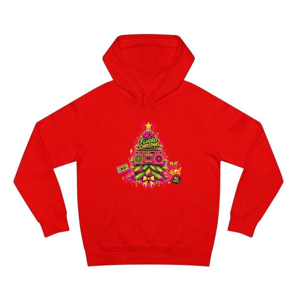 Fluoro Nineties Boombox Tree personalised Christmas hoodie in red