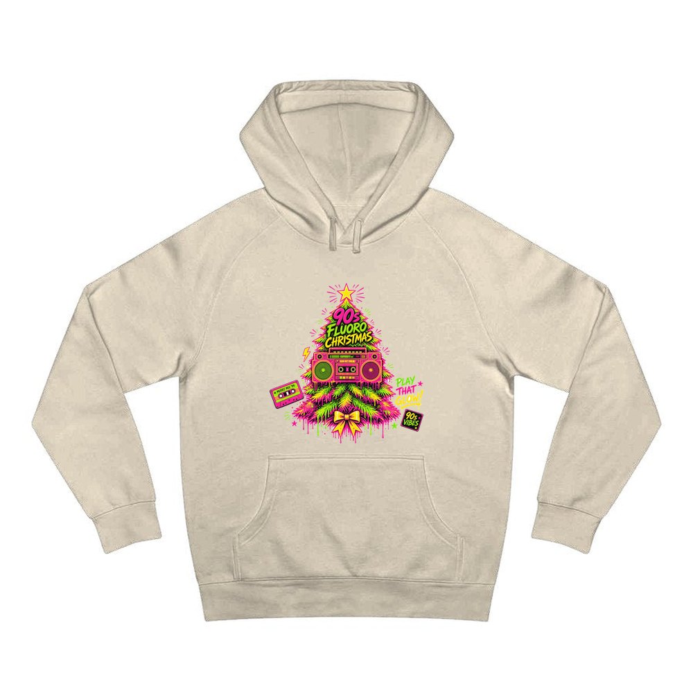 Fluoro Nineties Boombox Tree personalised Christmas hoodie in sand