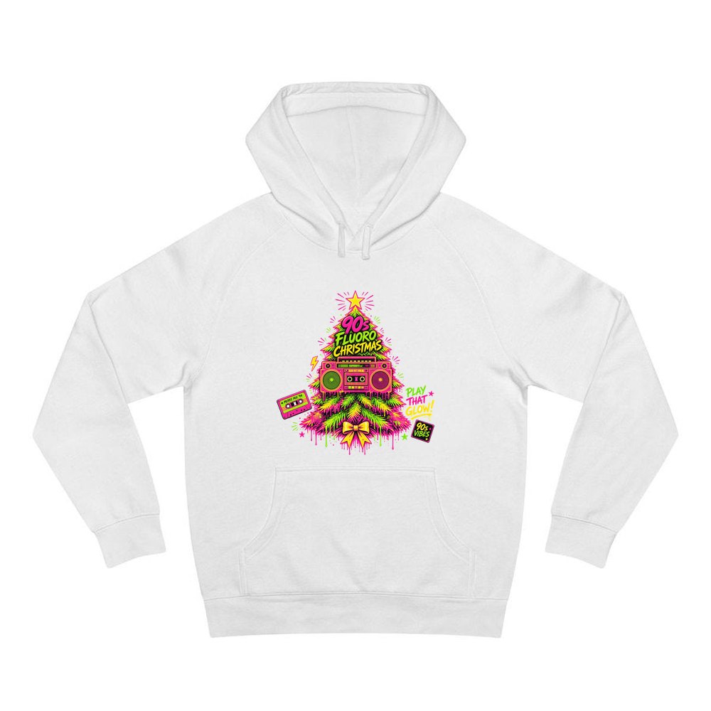Fluoro Nineties Boombox Tree personalised Christmas hoodie in white