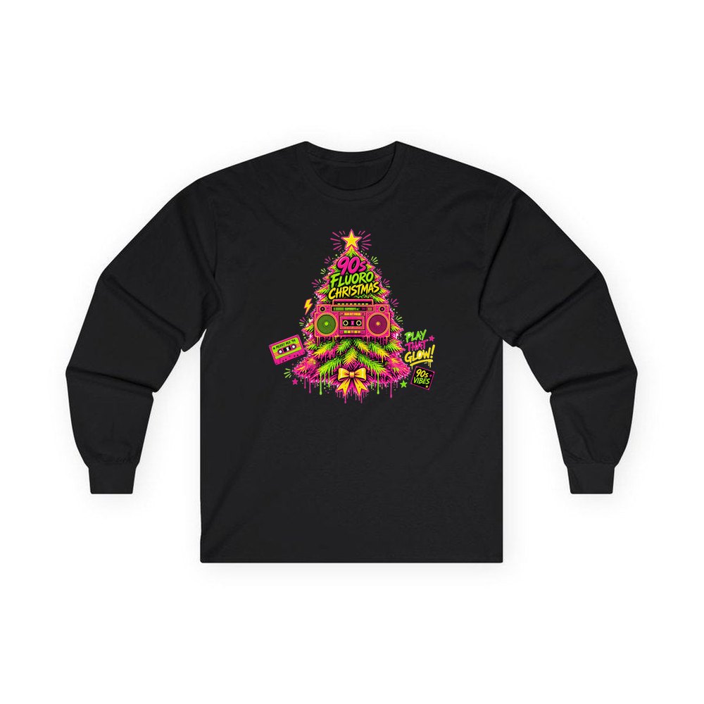 Fluoro Nineties Boombox Tree personalised long sleeve Christmas T-shirt in black