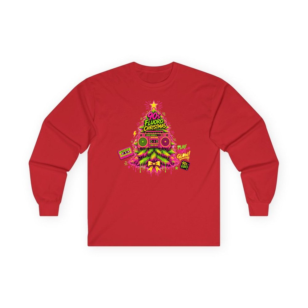 Fluoro Nineties Boombox Tree personalised long sleeve Christmas T-shirt in red