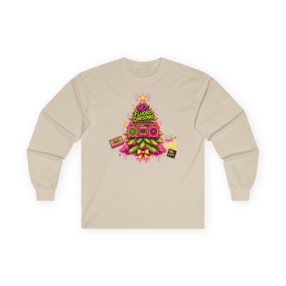 Fluoro Nineties Boombox Tree personalised long sleeve Christmas T-shirt in sand