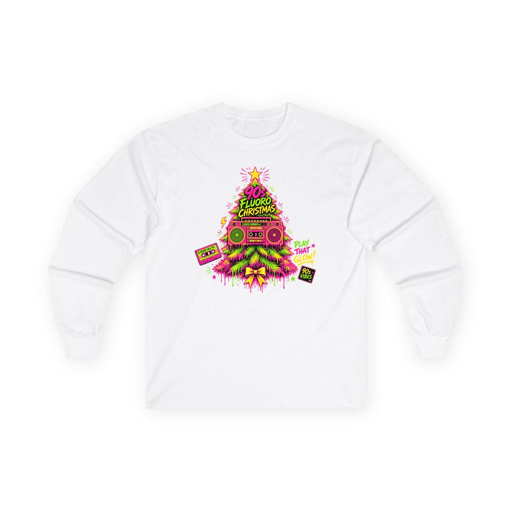 Fluoro Nineties Boombox Tree personalised long sleeve Christmas T-shirt in white