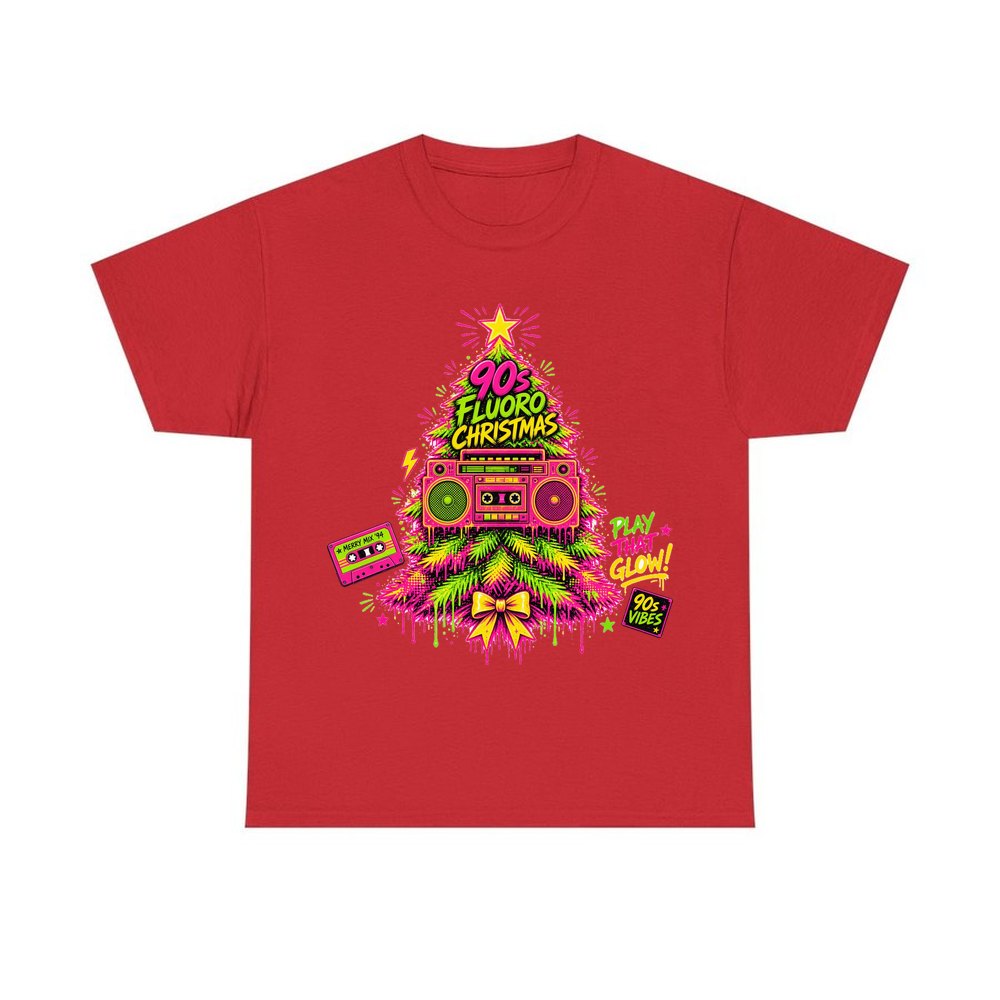 Fluoro Nineties Boombox Tree personalised Christmas T-shirt in red