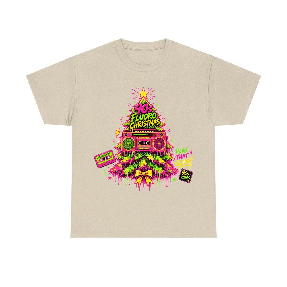 Fluoro Nineties Boombox Tree personalised Christmas T-shirt in sand