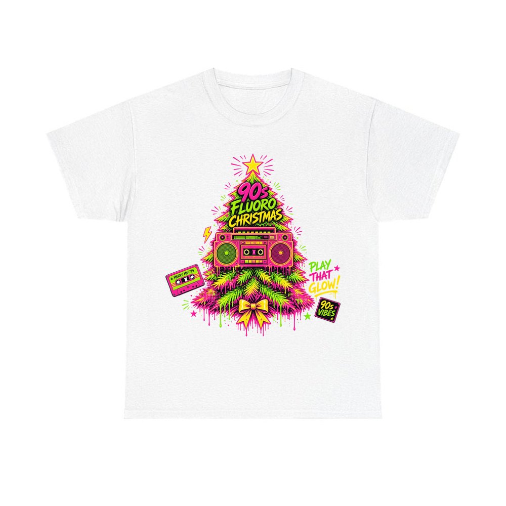 Fluoro Nineties Boombox Tree personalised Christmas T-shirt in white