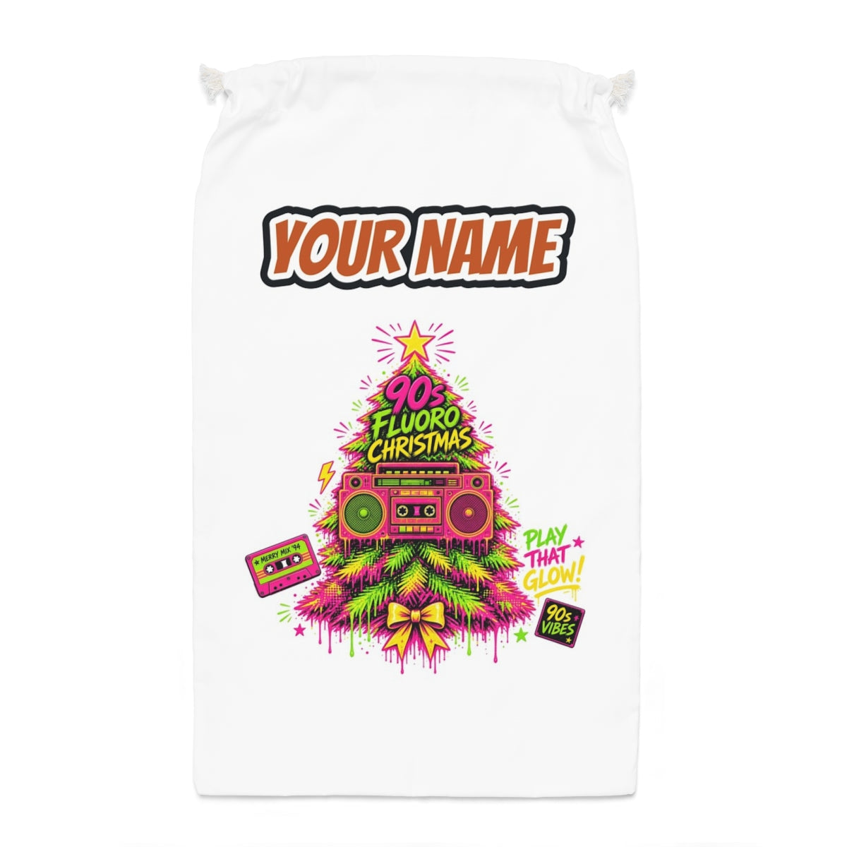 Fluoro Nineties Boombox Tree Santa sack laid flat, showing the full print