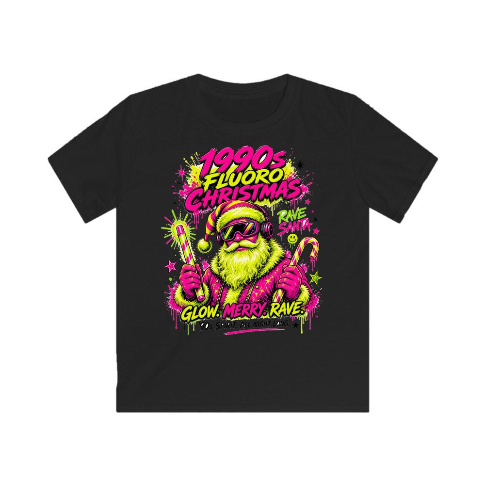 Fluoro Rave Santa personalised kids Christmas tee in black