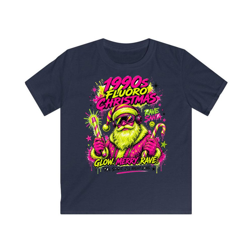 Fluoro Rave Santa personalised kids Christmas tee in navy