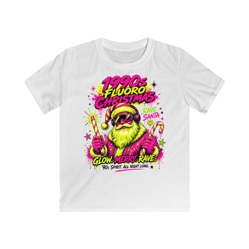 Fluoro Rave Santa personalised kids Christmas tee in white