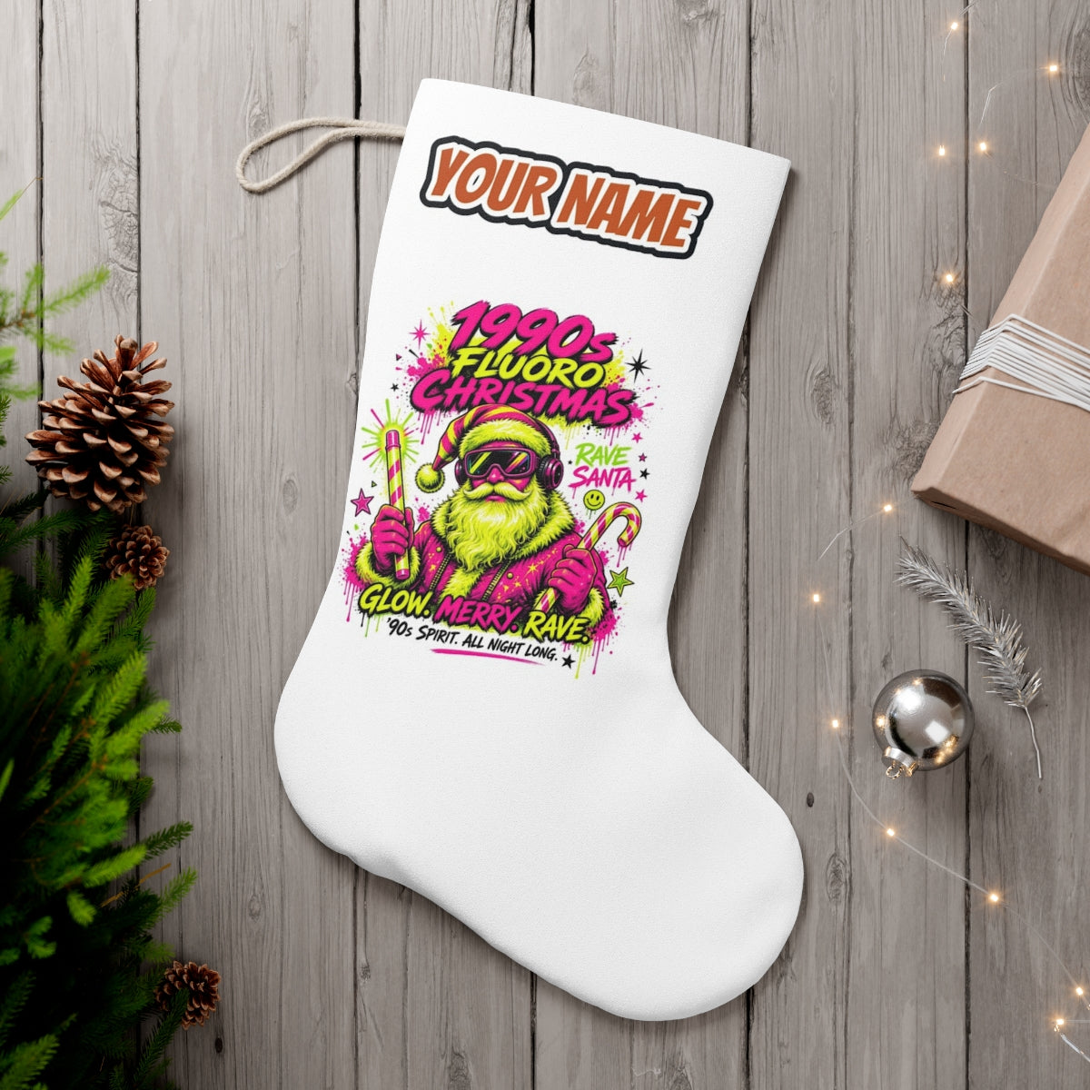 Fluoro Rave Santa personalised Christmas stocking, white, with the name across the top