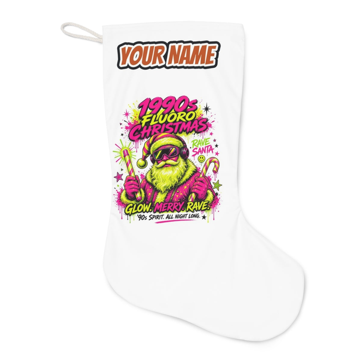 Fluoro Rave Santa Christmas stocking laid flat, showing the full print