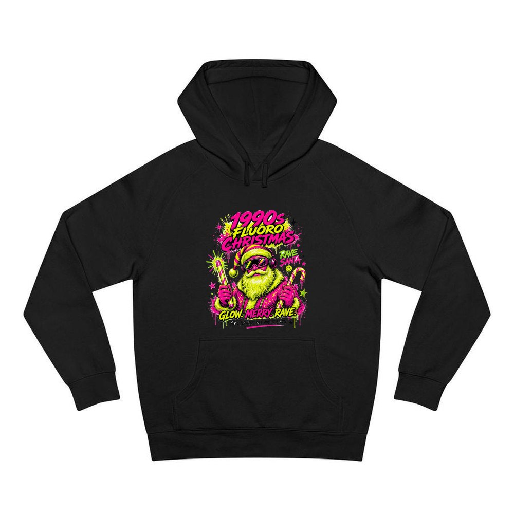 Fluoro Rave Santa personalised Christmas hoodie in black