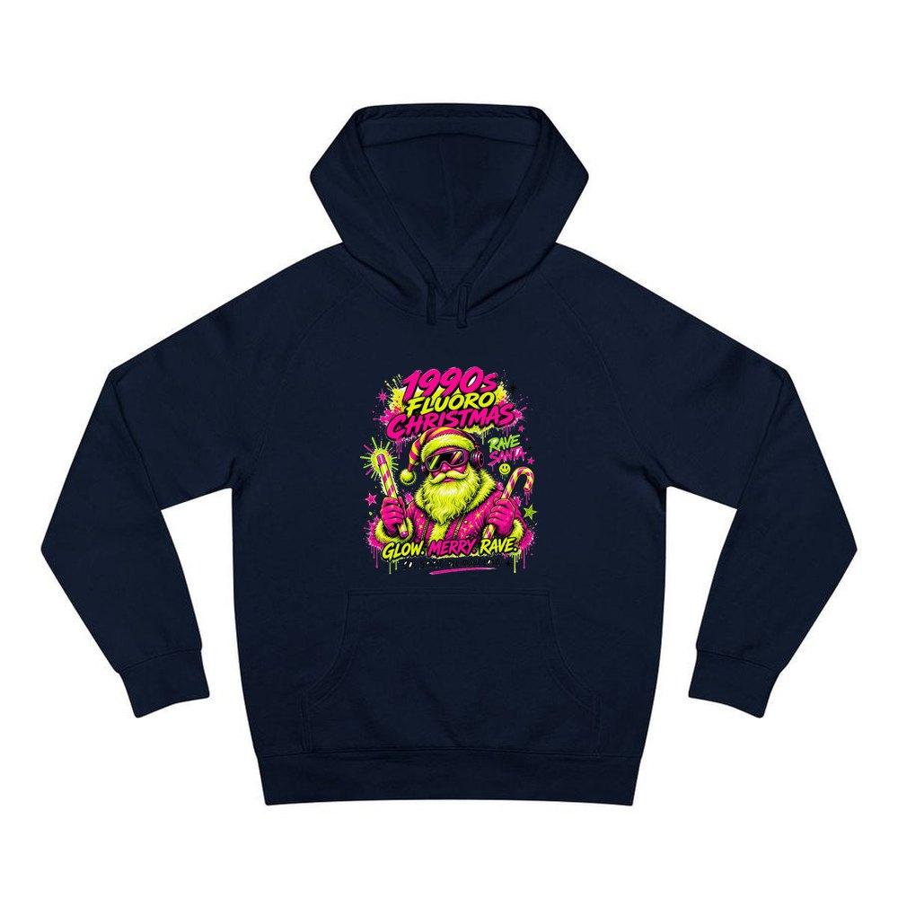 Fluoro Rave Santa personalised Christmas hoodie in navy