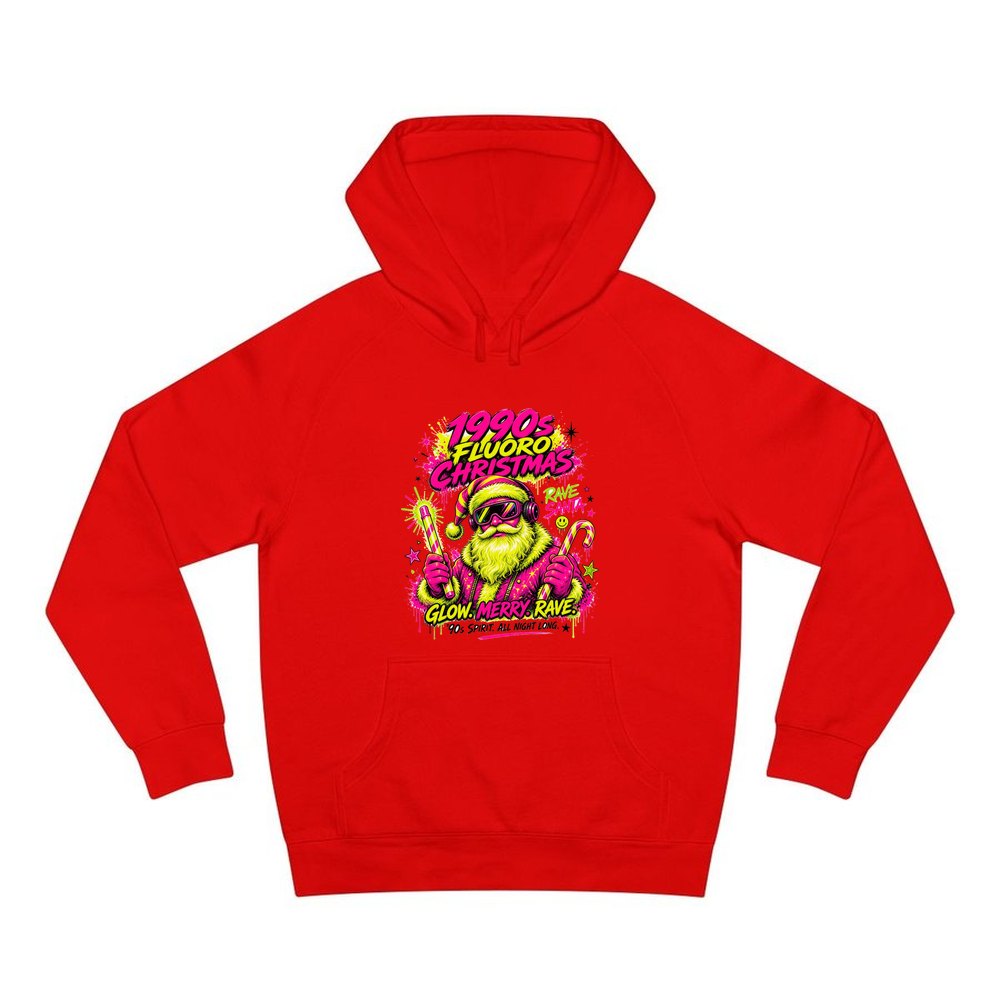 Fluoro Rave Santa personalised Christmas hoodie in red
