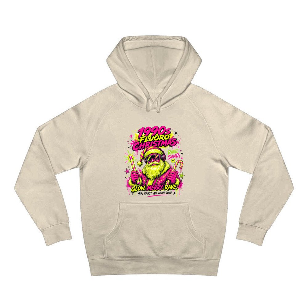 Fluoro Rave Santa personalised Christmas hoodie in sand