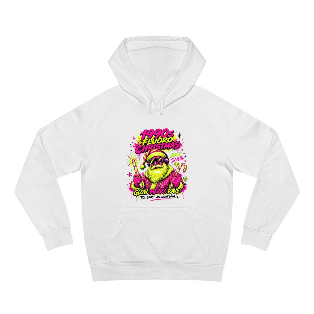 Fluoro Rave Santa personalised Christmas hoodie in white