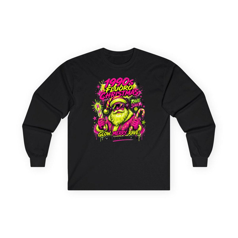 Fluoro Rave Santa personalised long sleeve Christmas T-shirt in black