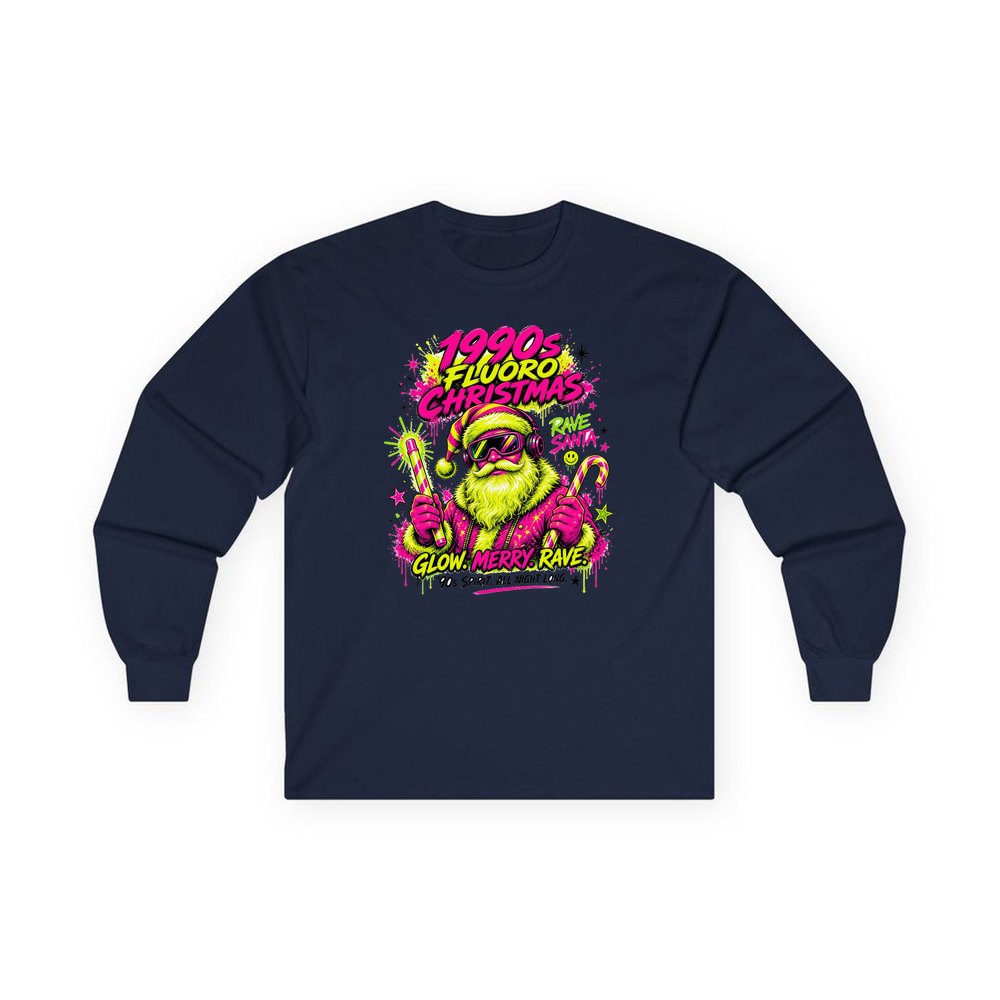 Fluoro Rave Santa personalised long sleeve Christmas T-shirt in navy
