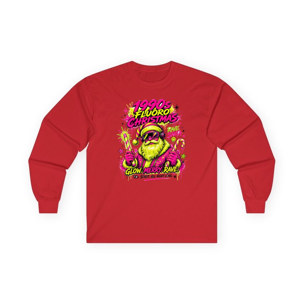 Fluoro Rave Santa personalised long sleeve Christmas T-shirt in red