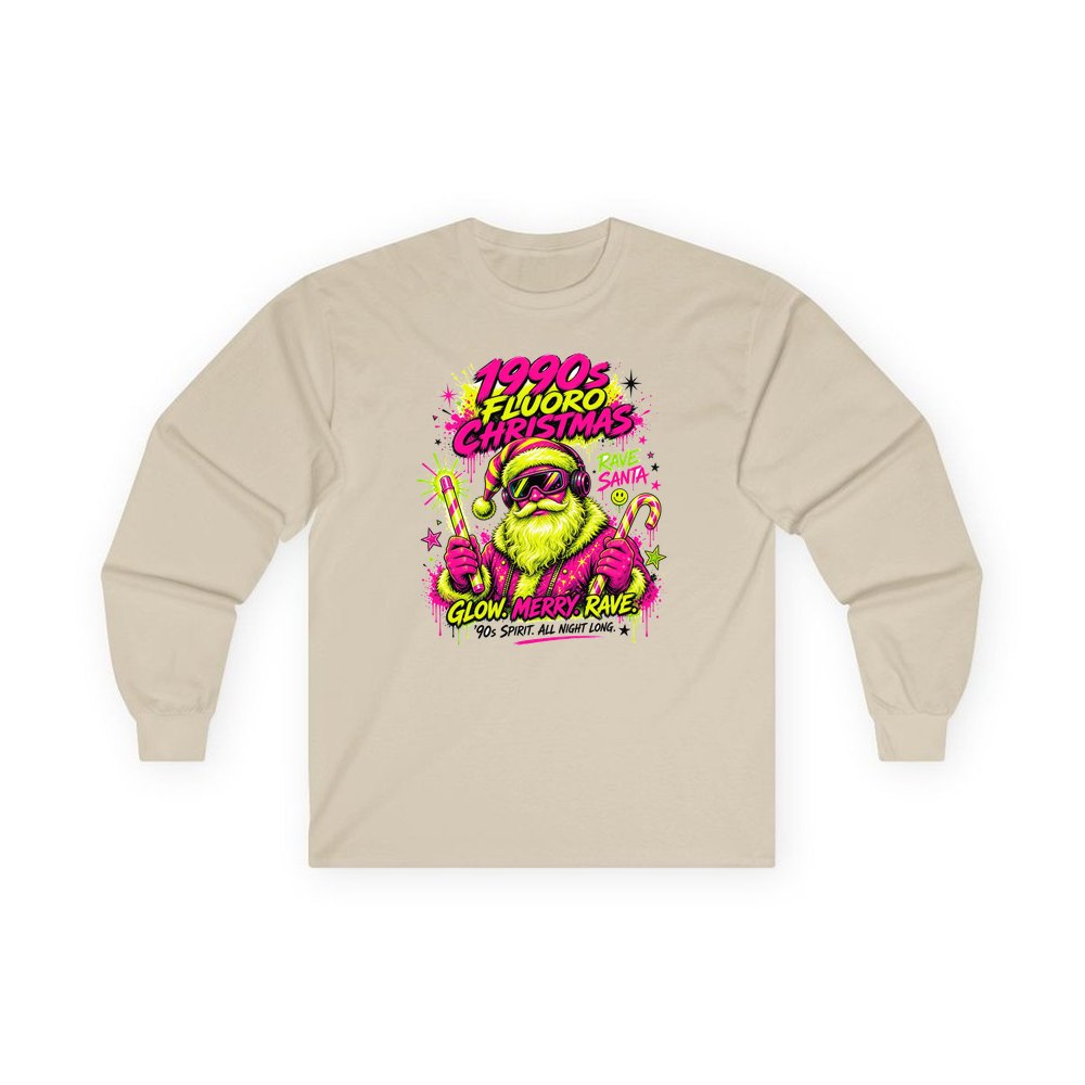 Fluoro Rave Santa personalised long sleeve Christmas T-shirt in sand