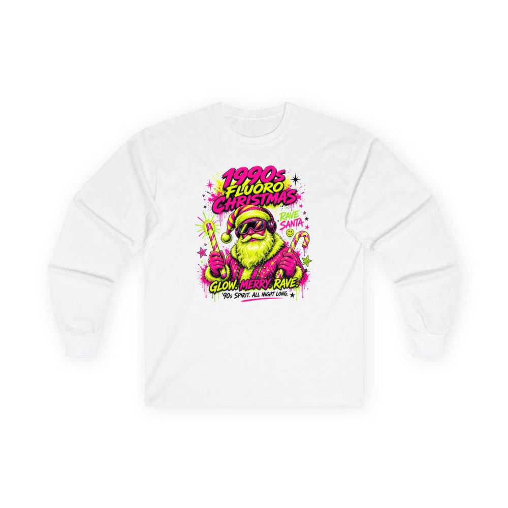 Fluoro Rave Santa personalised long sleeve Christmas T-shirt in white