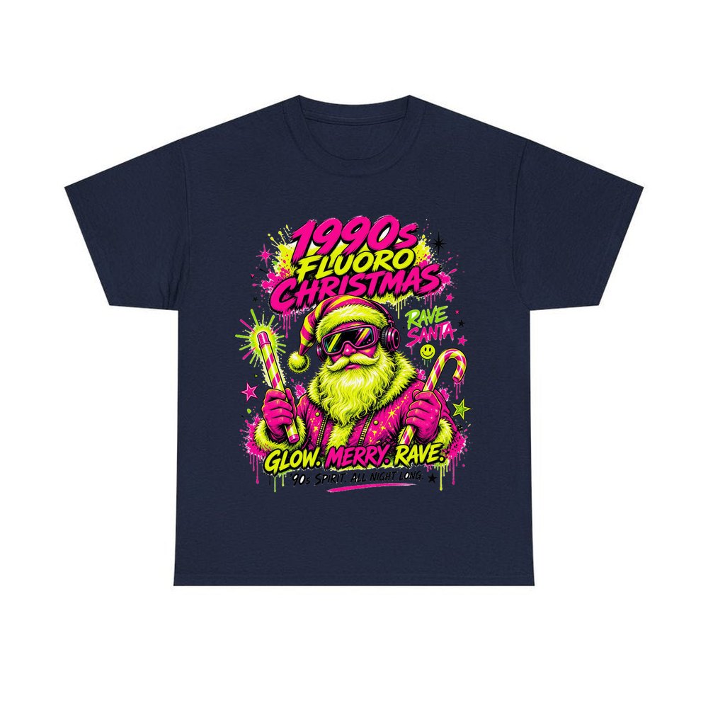 Fluoro Rave Santa personalised Christmas T-shirt in navy