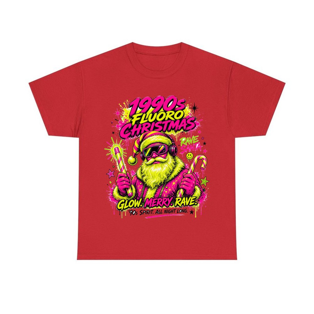 Fluoro Rave Santa personalised Christmas T-shirt in red