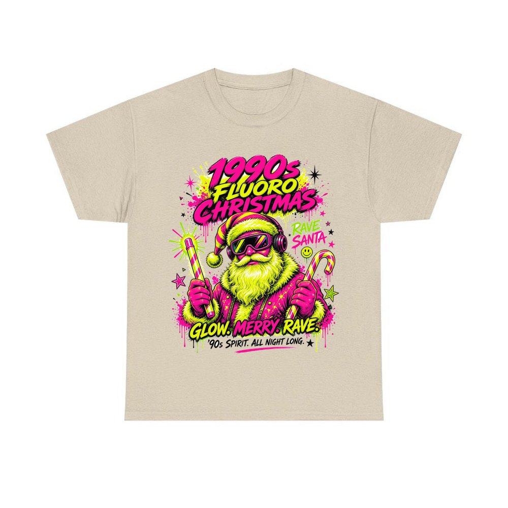 Fluoro Rave Santa personalised Christmas T-shirt in sand