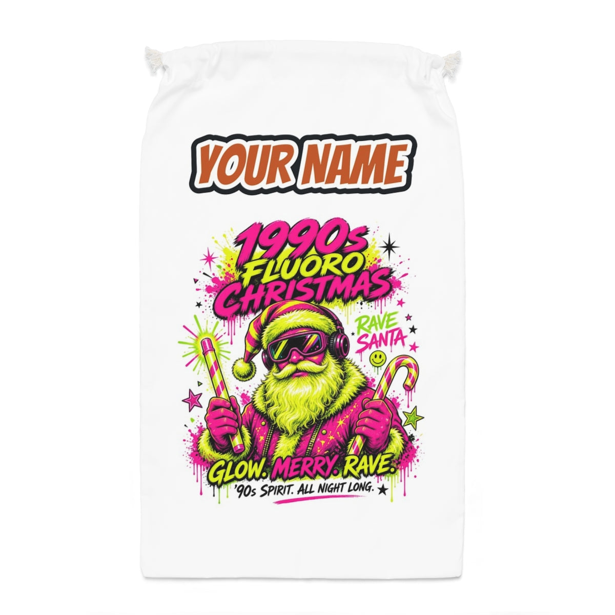 Fluoro Rave Santa Santa sack laid flat, showing the full print