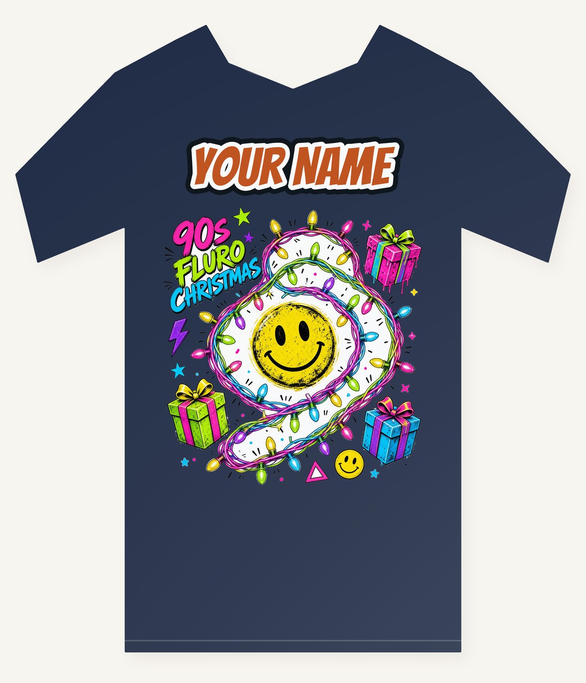 Fluro Nineties Smiley Christmas Personalised Kids and Baby Christmas Tee