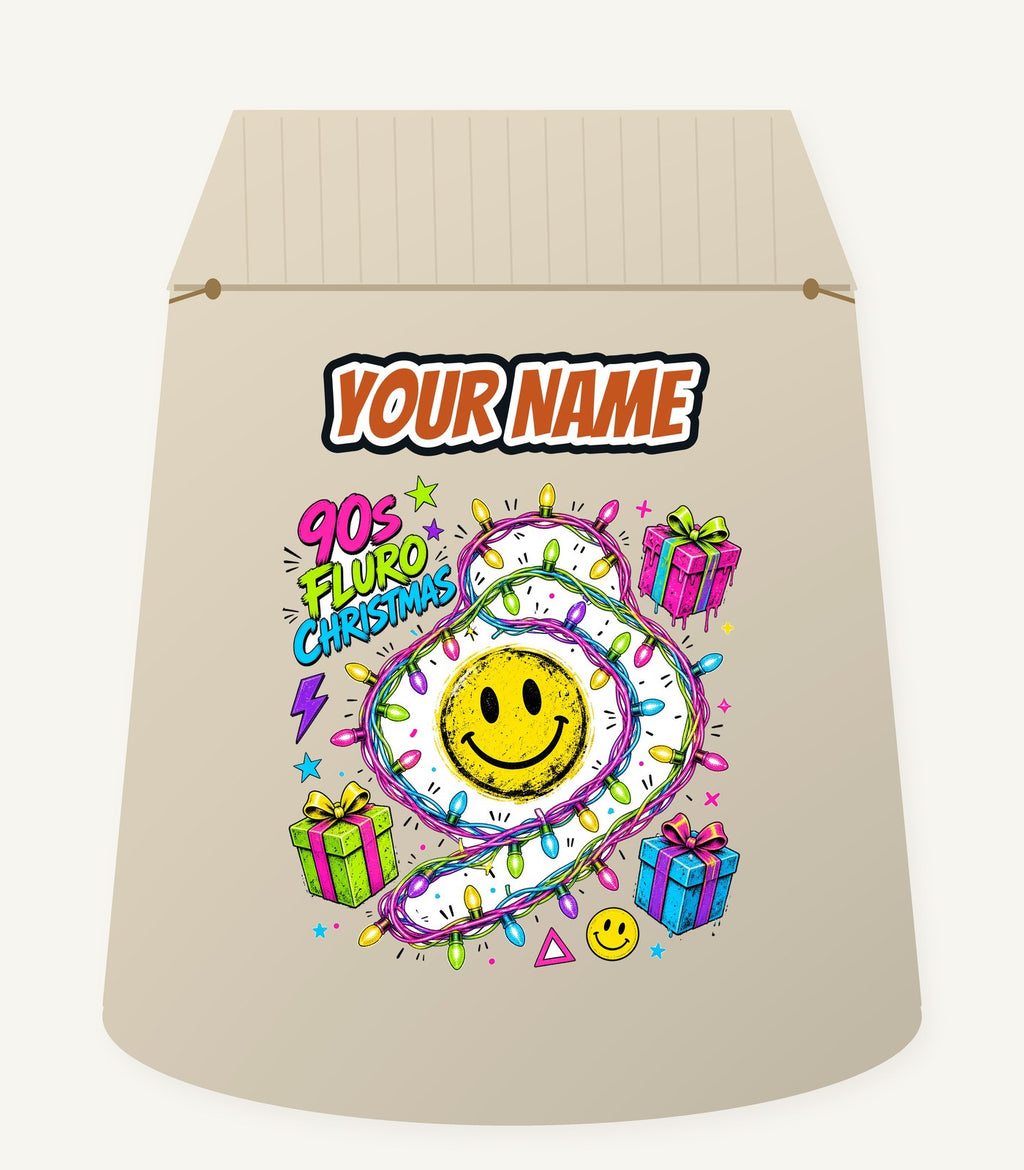 Fluro Nineties Smiley Christmas Personalised Santa Sack