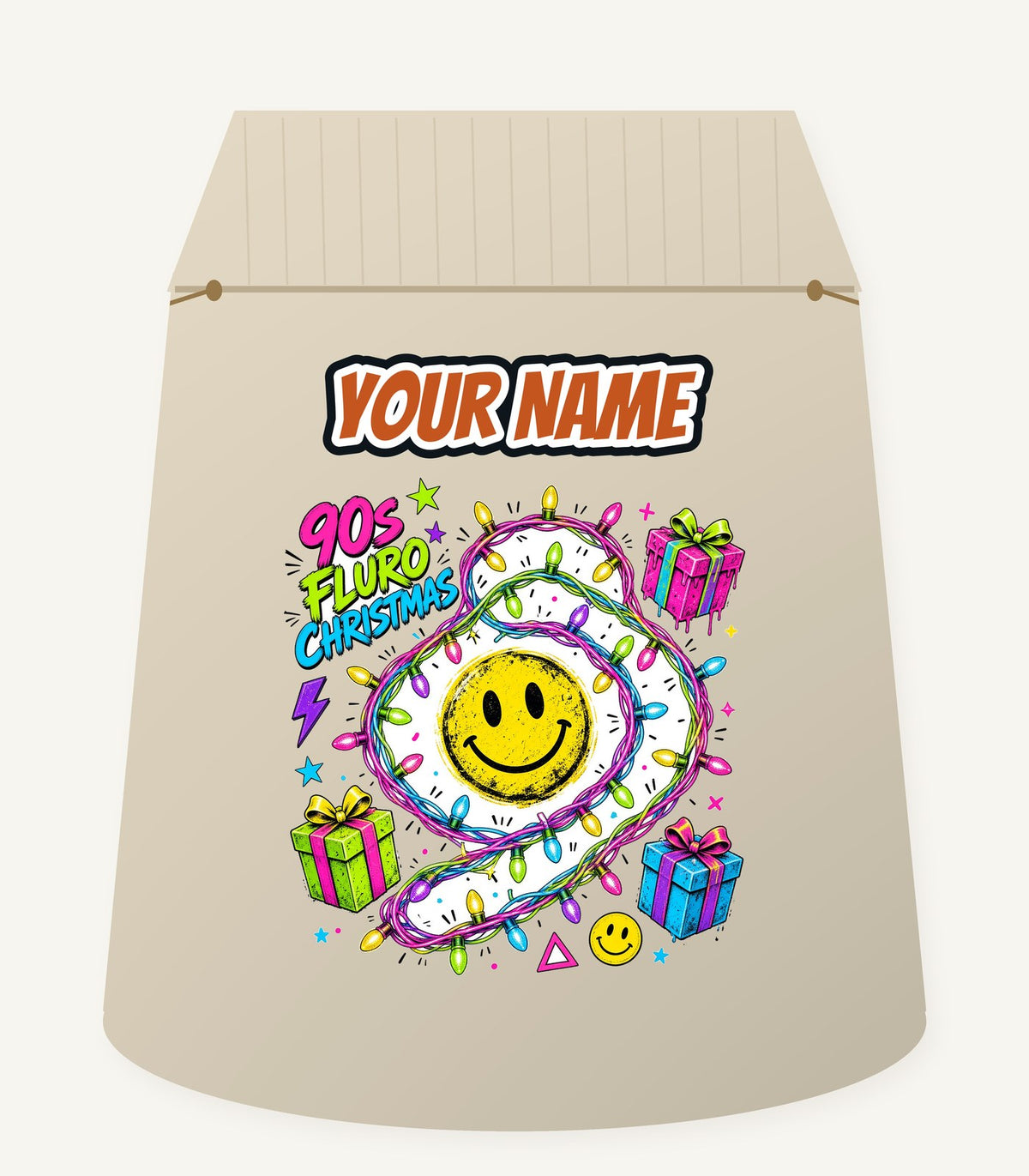 Fluro Nineties Smiley Christmas Personalised Santa Sack