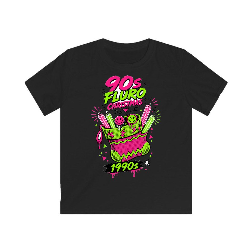 Fluro Nineties Stocking personalised kids Christmas tee in black