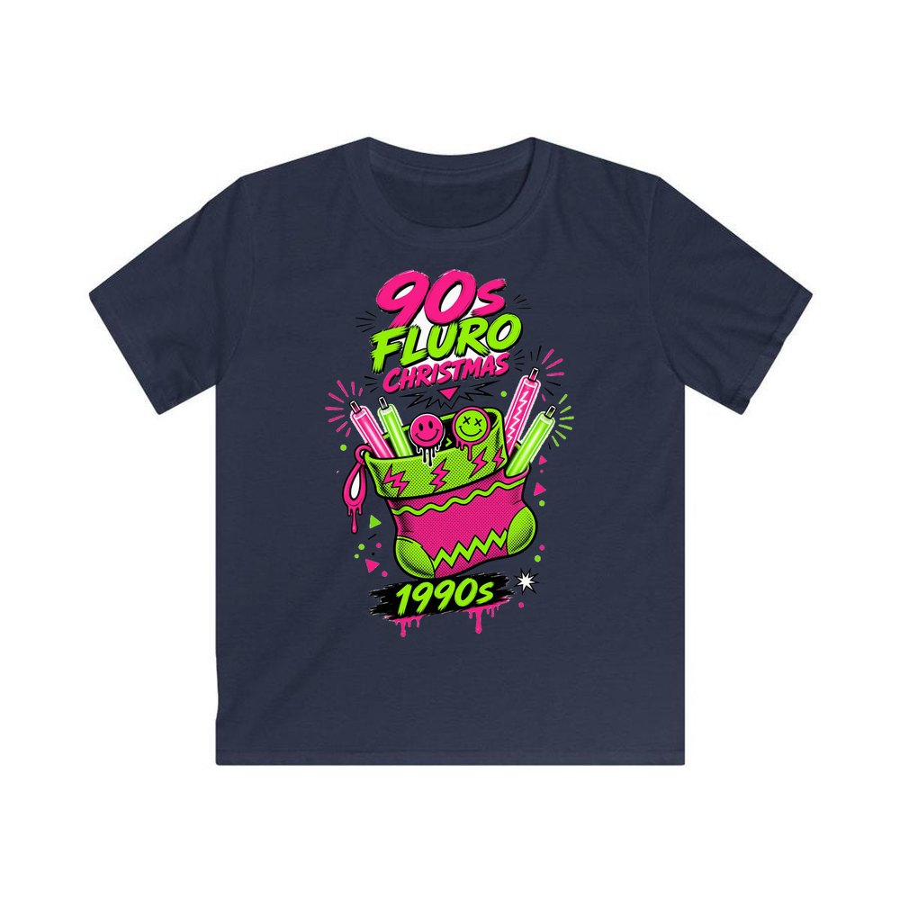Fluro Nineties Stocking personalised kids Christmas tee in navy