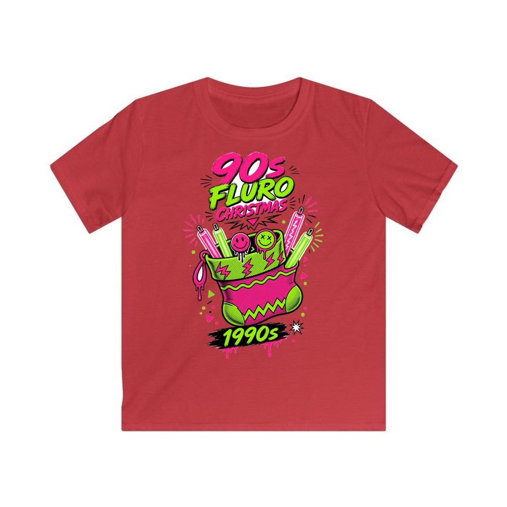 Fluro Nineties Stocking personalised kids Christmas tee in red